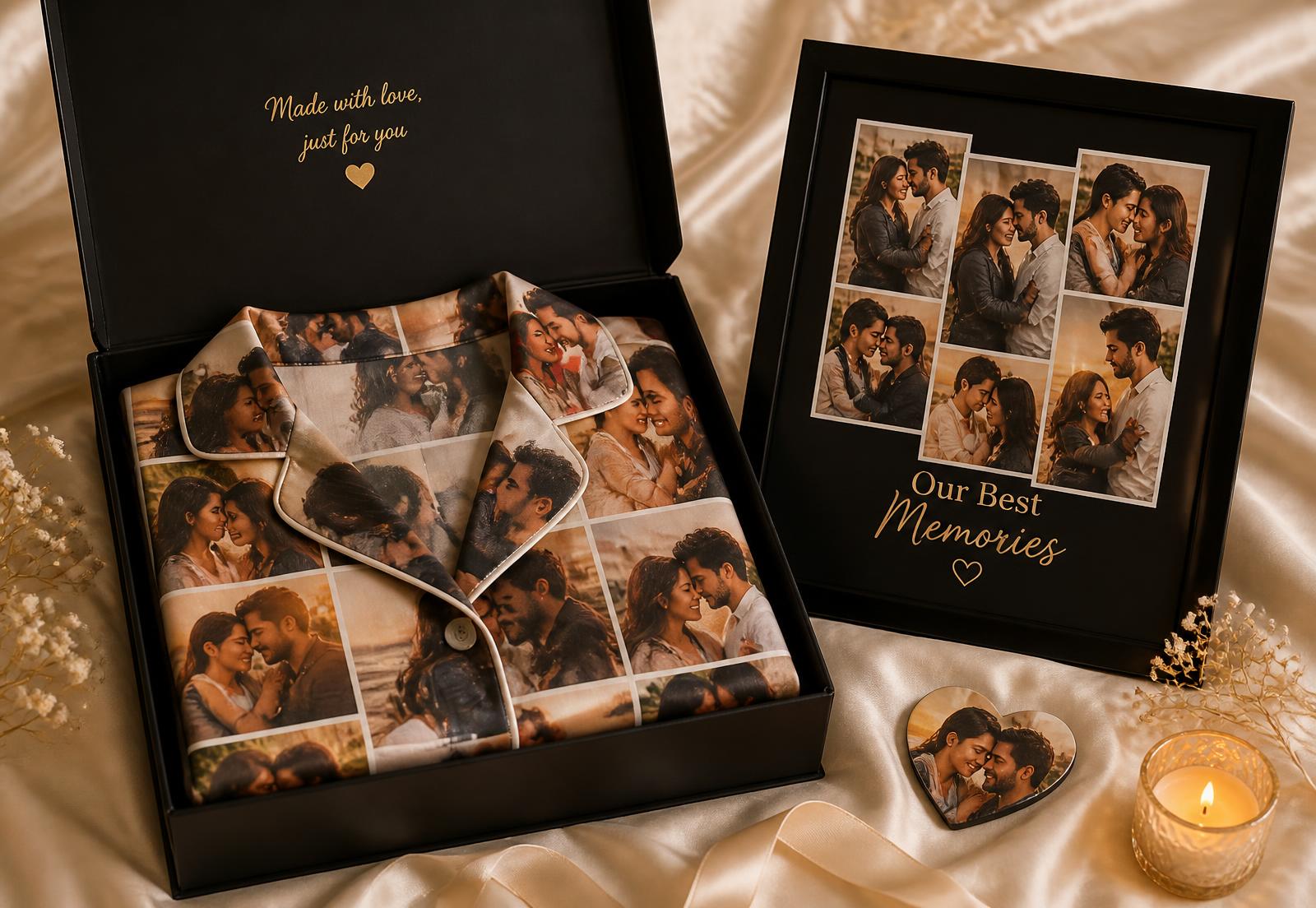 Custom photo pajamas, framed collage and heart photo magnet in a gift box